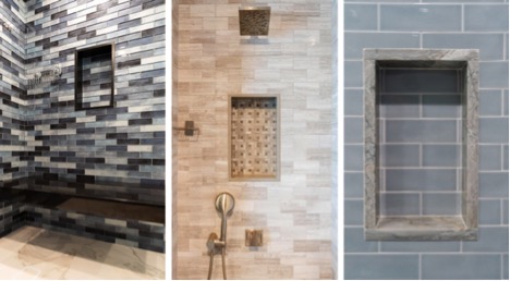 Neutral tile work with built-in nooks for cutom home builder in NJ